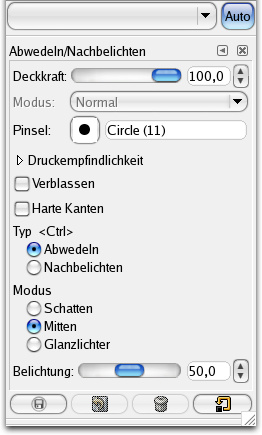 Eigenschaften des Werkzeuges Abwedeln/Nachbelichten